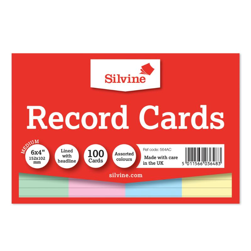 Silvine Record Cards 6x4 Ruled Assorted Colours