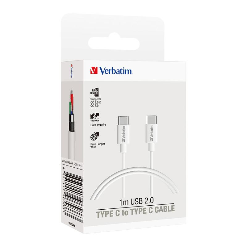 Verbatim Essentials 1m USB-C to USB-C cable, white, for fast charging and data transfer, durable, compatible with all USB-C devices.