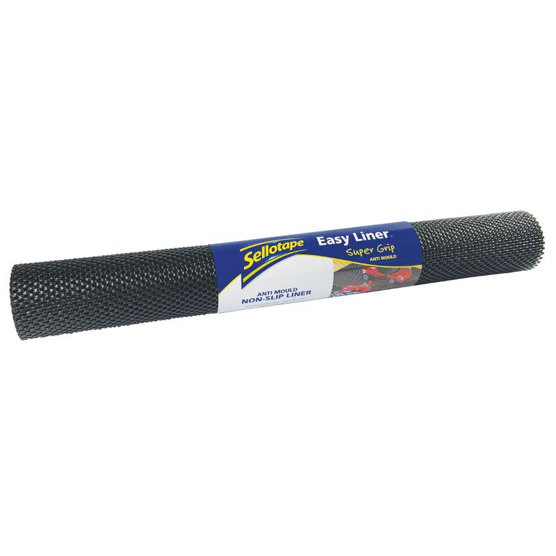 Sellotape Easy Liner Super Grip black liner, 508mm x 1820mm, durable, non-adhesive, water-resistant, and mould-resistant.