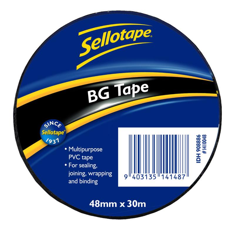 Sellotape 1410 BG Tape Black, strong 48mm x 30m PVC tape for versatile sealing, binding, and packaging purposes.