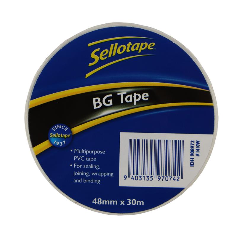 Sellotape 1410W BG Tape in white, 48mm x 30m, perfect for sealing, crafting, and organizing with strong adhesive performance.