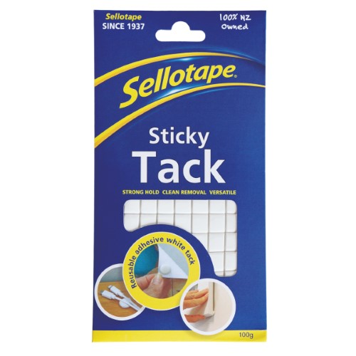 Sellotape Sticky Tack 100g in a resealable container, ideal for crafting, decorating, and organizing without damage.