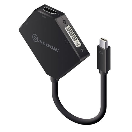 Alogic 3-in-1 Mini DisplayPort adapter enabling HDMI, DVI, and VGA outputs for versatile connectivity in a sleek, compact design.