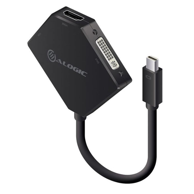 Alogic 3-in-1 Mini DisplayPort adapter enabling HDMI, DVI, and VGA outputs for versatile connectivity in a sleek, compact design.