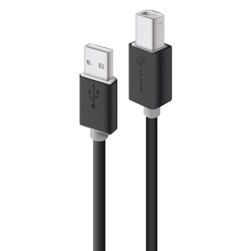 Alogic USB 2.0 Type A to B Male cable for high-speed data transfer up to 480 Mbps, ideal for printers and external drives.