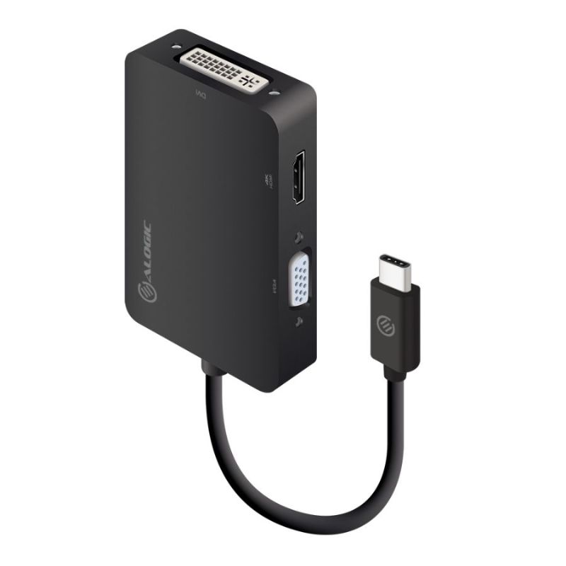 Alogic 3-in-1 USB-C adapter with HDMI, DVI, VGA outputs for premium connectivity and high-resolution display support.