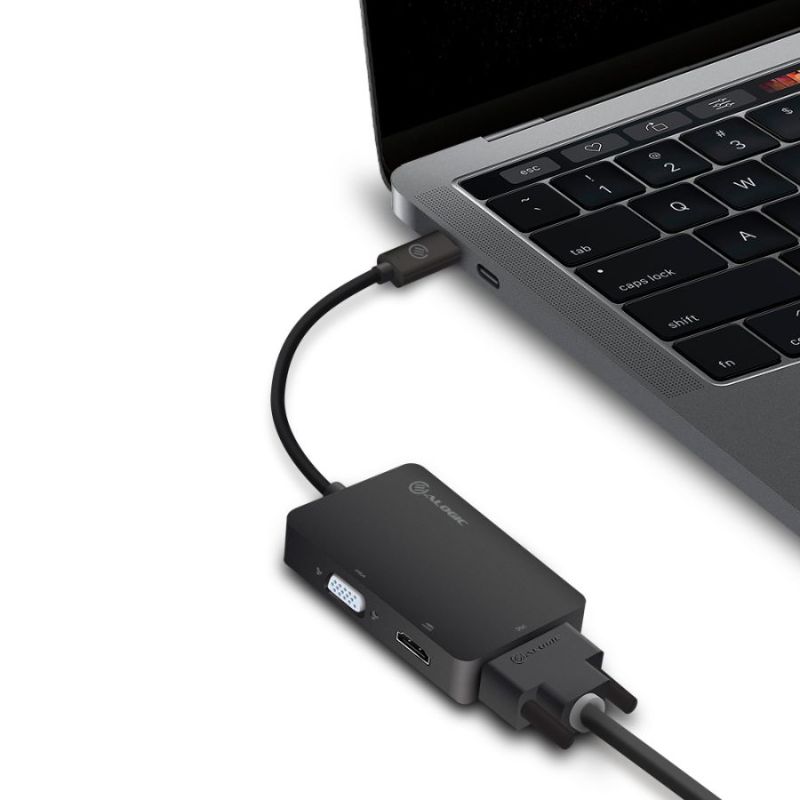 Alogic 3-in-1 USB-C adapter with HDMI, DVI, and VGA outputs for seamless device connectivity and high-resolution displays.