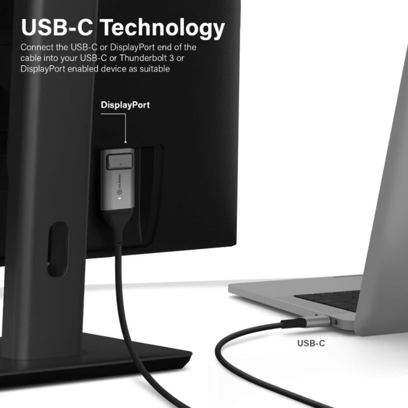 Alogic USB-C to DisplayPort Cable in space grey, supports 4K 60Hz, Thunderbolt 3 compatible, and features an LED indicator.