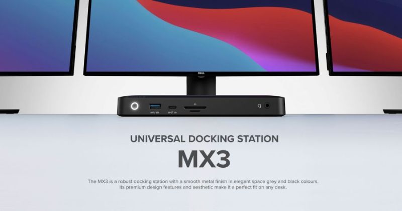 Alogic MX3 USB-C Docking Station with 3 display support, 2 x 4K UHD resolution, 100W power, and versatile connectivity options.