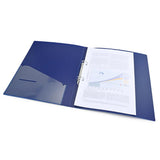 Rapesco antibacterial A4 ring binder in blue, 25mm capacity, durable PP material, kills 99% of bacteria, with removable label holder.
