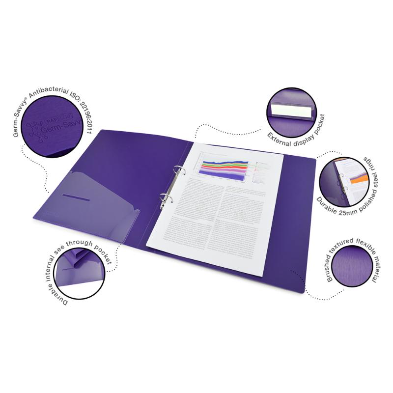 Rapesco Germ-Savvy Antibacterial A4 PP Ring Binder 2/25 Purple
