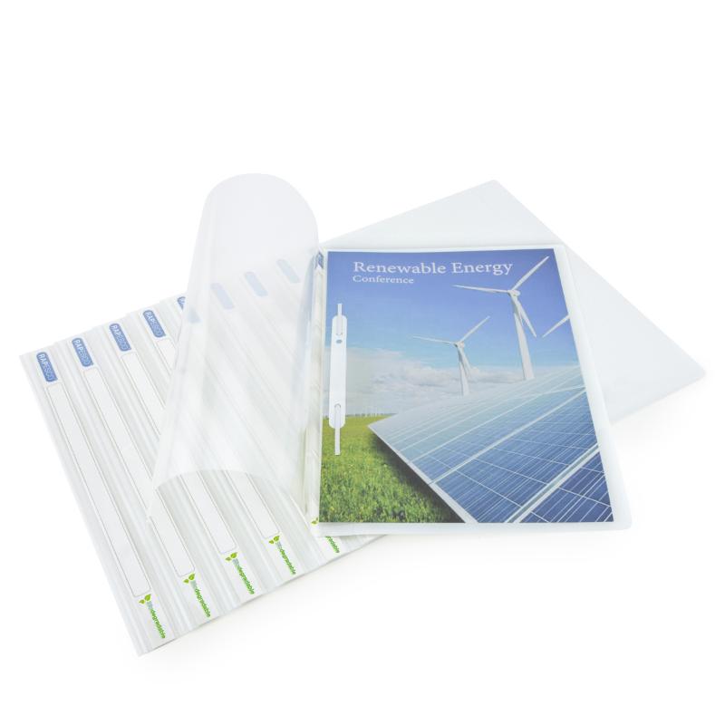 Rapesco ECO Report File A4 in white, eco-friendly, holds up to 30 pages, clear cover for visibility, customizable spine label.
