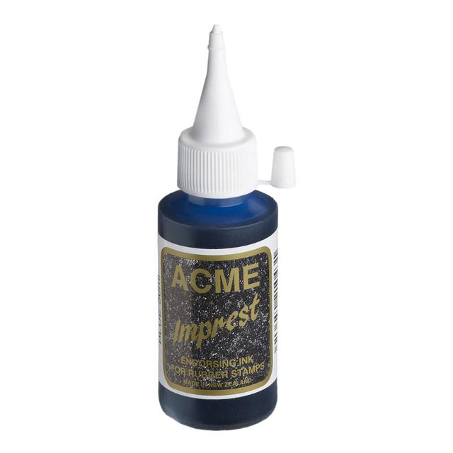 Acme Imprest Ink 50ml bottle in rich blue, ideal for crafting, stamping, and eco-friendly projects.