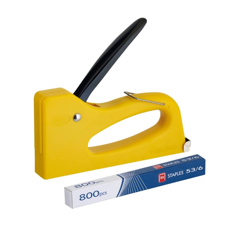 Acme T53 Lightweight Plastic Tacker with ergonomic design, built-in staple remover, ideal for DIY and professional use.