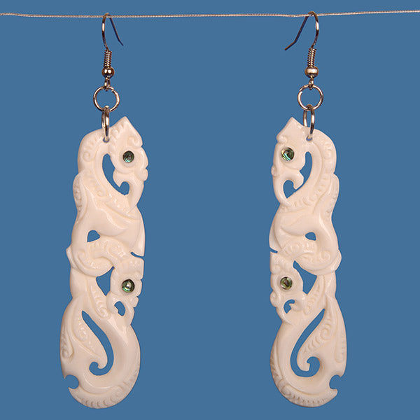 Double Manaia Bone Earrings with Hook, featuring cultural designs and paua shell accents, embodying Maori artistry.