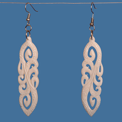 Handcrafted Multi Koru Bone Earrings, symbolizing new beginnings, with unique carvings and Maori heritage, approximately 68mm long.