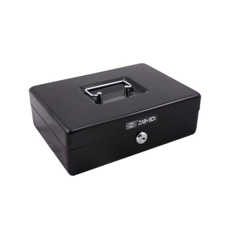 Durable black cash box with removable tray, 2 keys, and recessed handle, measuring 250 x 180 x 80mm for secure storage.