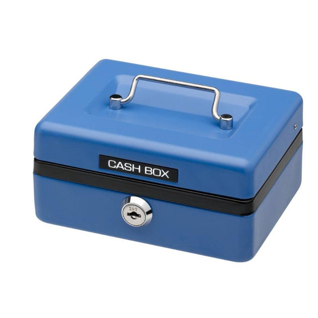 Compact blue metal cash box with removable tray, secure lock, and recessed handle for easy storage and organization.