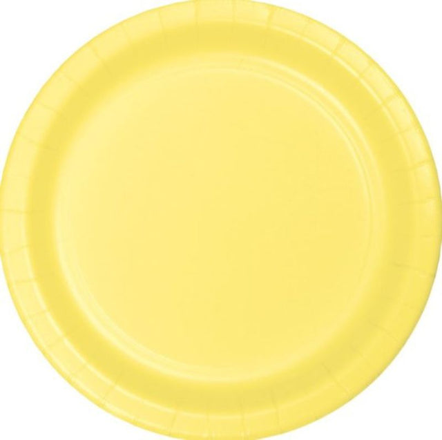 Vibrant 23cm Mimosa yellow paper dinner plates, pack of 24, perfect for parties and easy clean-up.