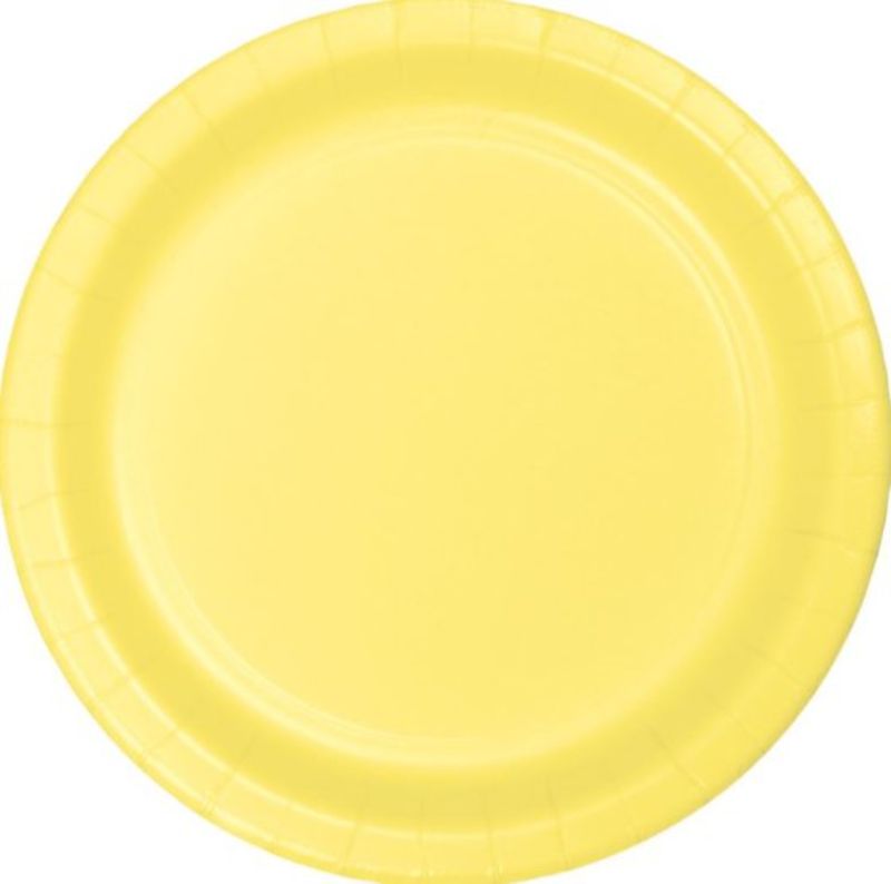 Bright mimosa yellow 18cm paper lunch plates, 24-pack, perfect for parties and picnics, eco-friendly and stylish.