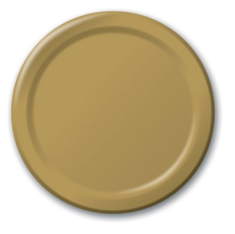 Pack of 24 glittering gold paper lunch plates, 18cm, perfect for elegant gatherings and easy clean-up.