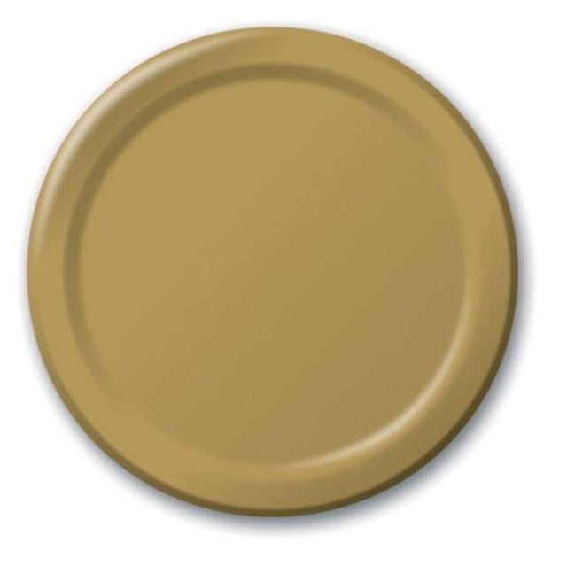 Pack of 24 glittering gold paper lunch plates, 18cm, perfect for elegant gatherings and easy clean-up.