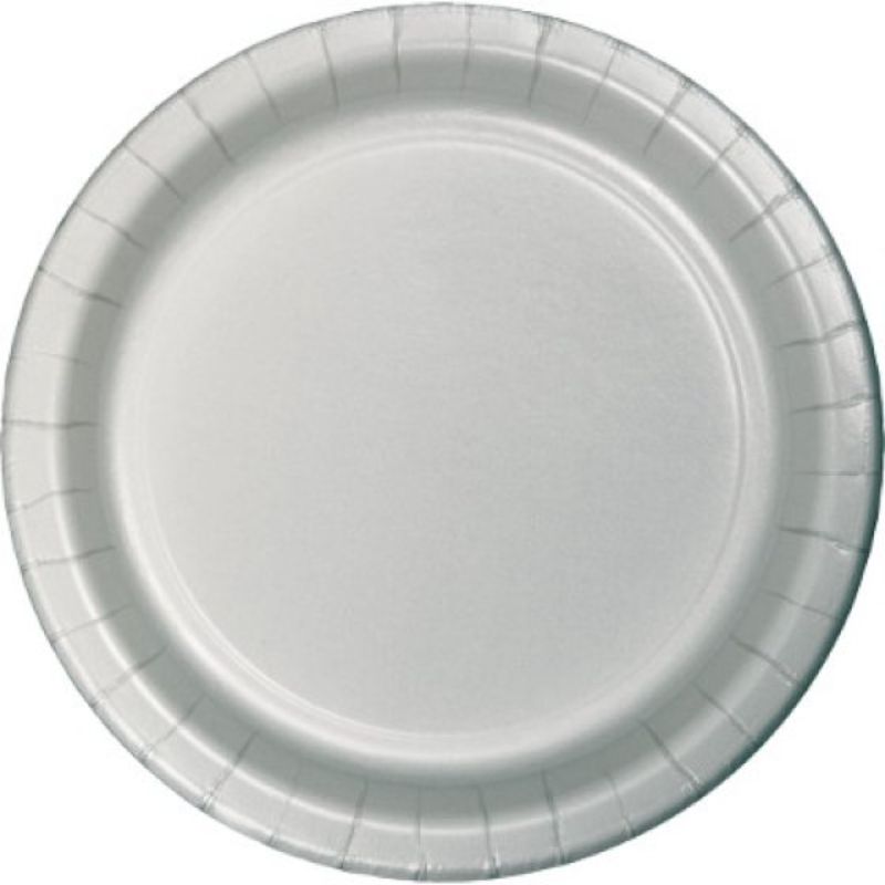 Pack of 24 shimmering silver paper lunch plates, 18cm, perfect for elegant events and easy cleanup.