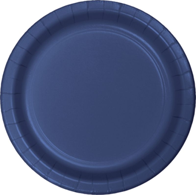 Pack of 24 navy blue paper lunch plates, 18cm diameter, perfect for parties and picnics.