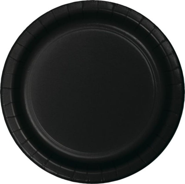 Elegant black velvet lunch plates, 18cm, pack of 24, perfect for stylish dining and eco-friendly parties.