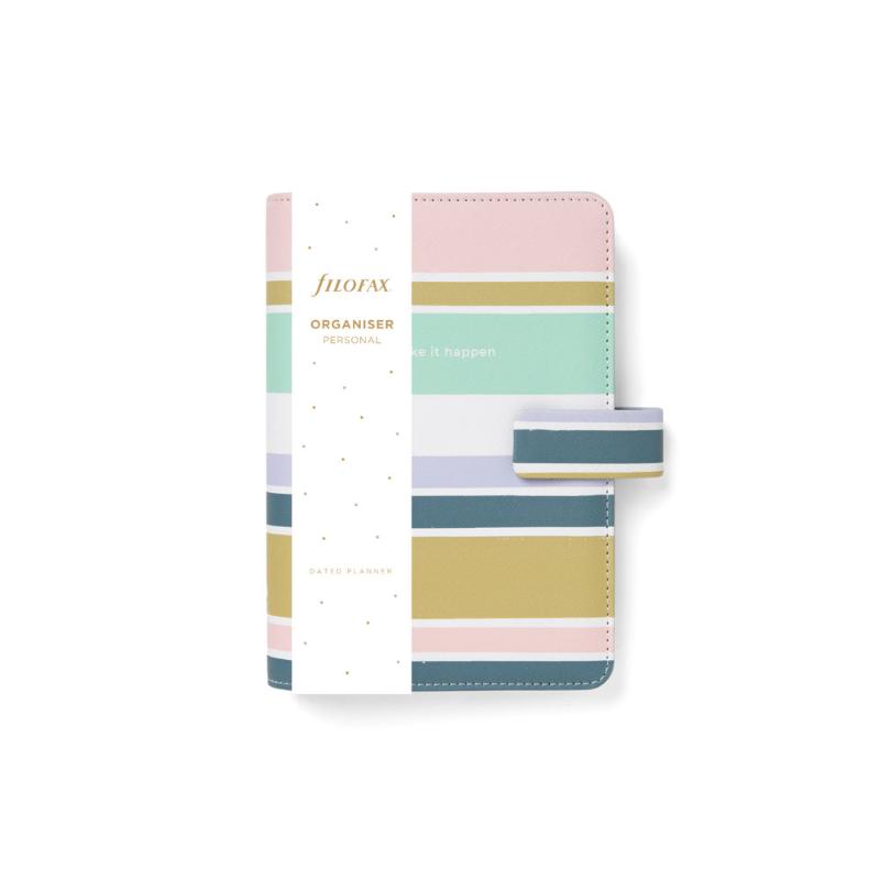 Filofax Good Vibes Organiser in striped design, featuring durable cover, elastic closure, pen loop, and ample storage for planning.