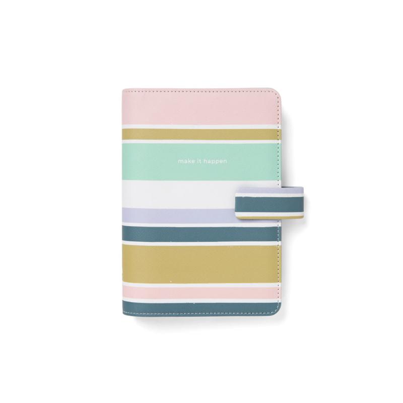 Filofax Good Vibes Personal Stripes organizer with textured cover, elastic closure, and internal pockets for easy planning.