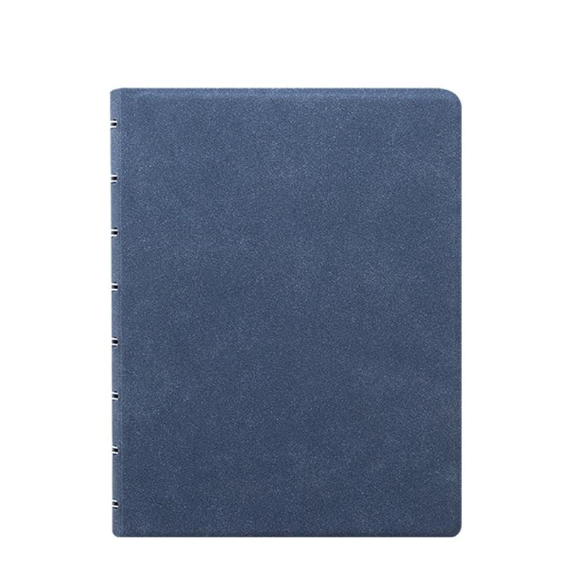 Filofax A5 notebook with blue suede cover, lined pages, and twin wire spine for stylish note-taking and customization.