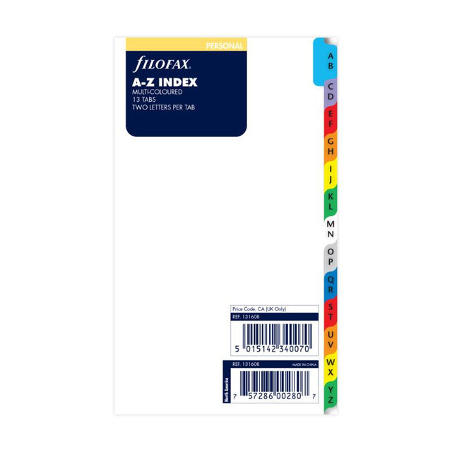 Filofax A-Z Index Refill with colorful tabs for efficient contact management in a stylish, organized format.