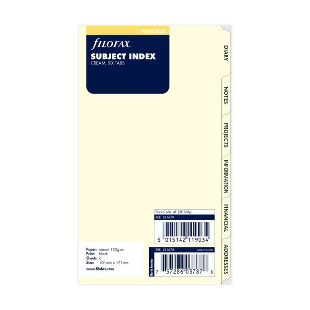 Filofax Personal Subject Index 6 Tab Refill - elegant cream tabs for efficient organization and easy access to notes.