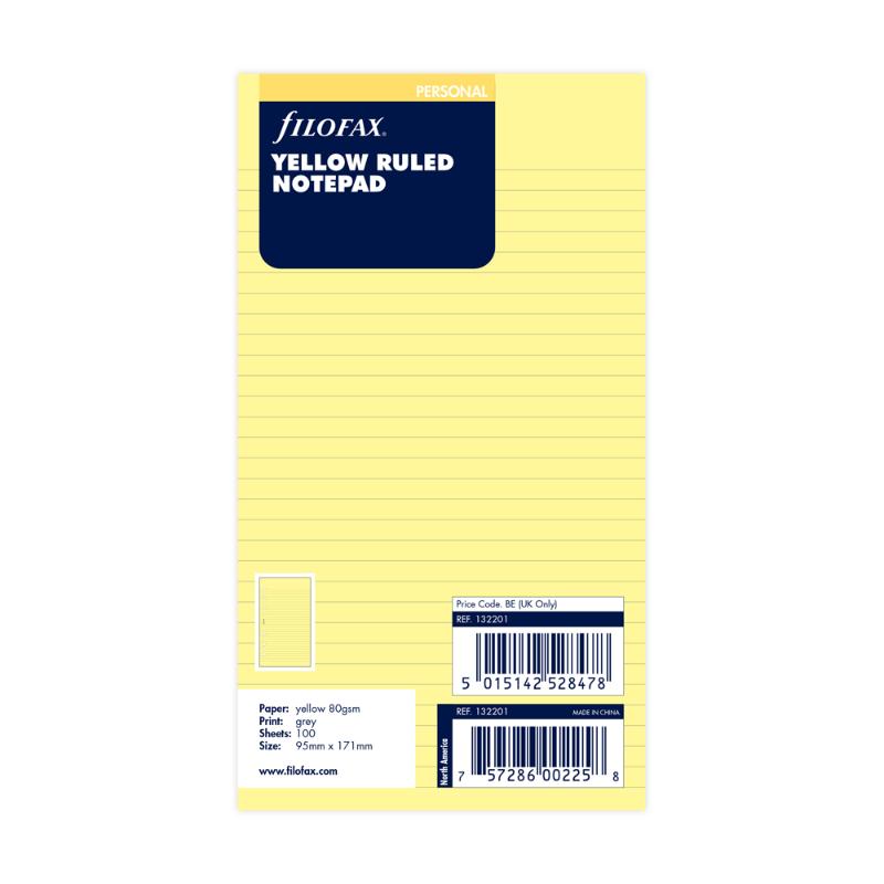 Filofax Personal Yellow Lined Notepad Refill 100 Sheets