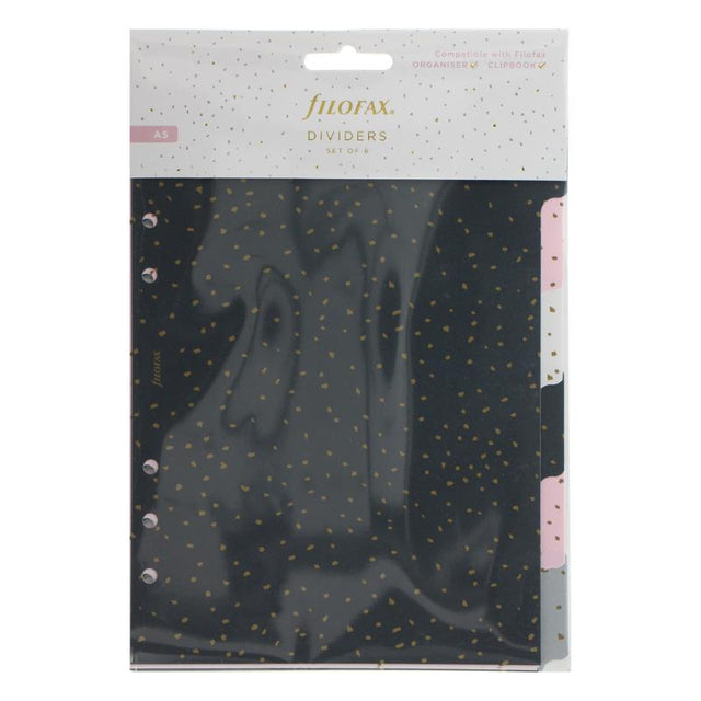 Colorful Filofax Confetti A5 dividers in Black, Pink, White, and Grey for stylish and organized planning.