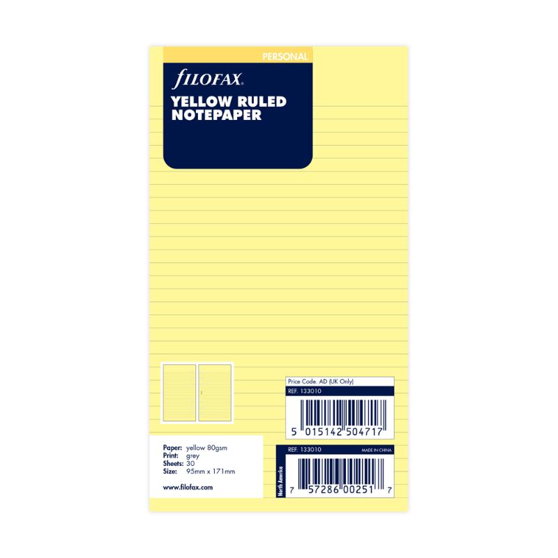 Filofax Personal Yellow Lined Notepaper Refill with 30 sheets of vibrant 80gsm paper for organized note-taking and creativity.