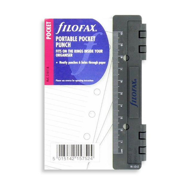 Filofax Pocket Portable Punch for custom planners, effortlessly punches up to 2 sheets of paper, perfect for organization.