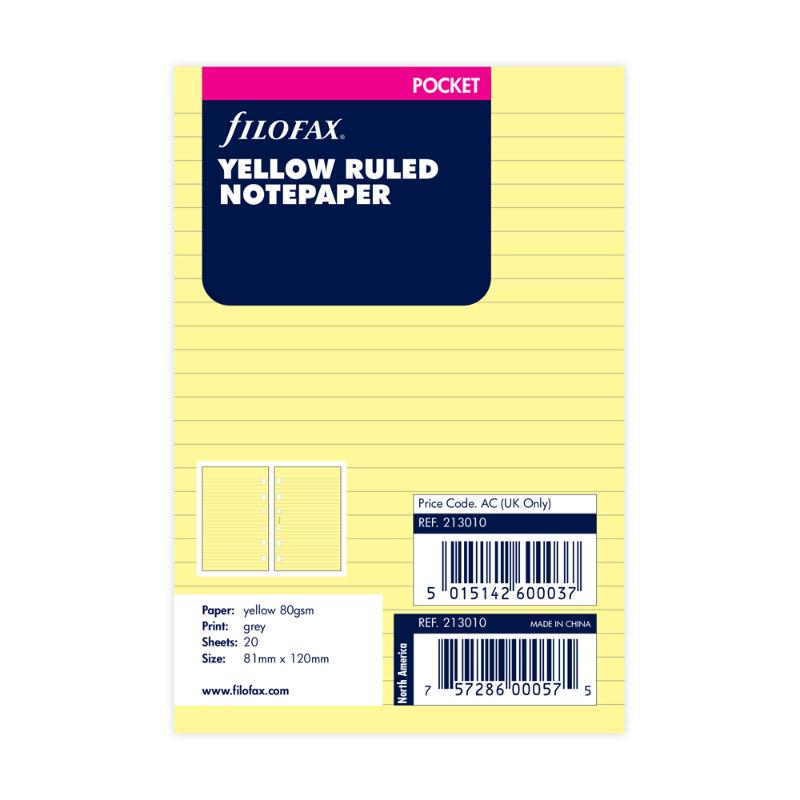 Filofax Pocket Yellow Lined Notepaper Refill pack with 20 sheets for organized note-taking and planning in vibrant yellow.