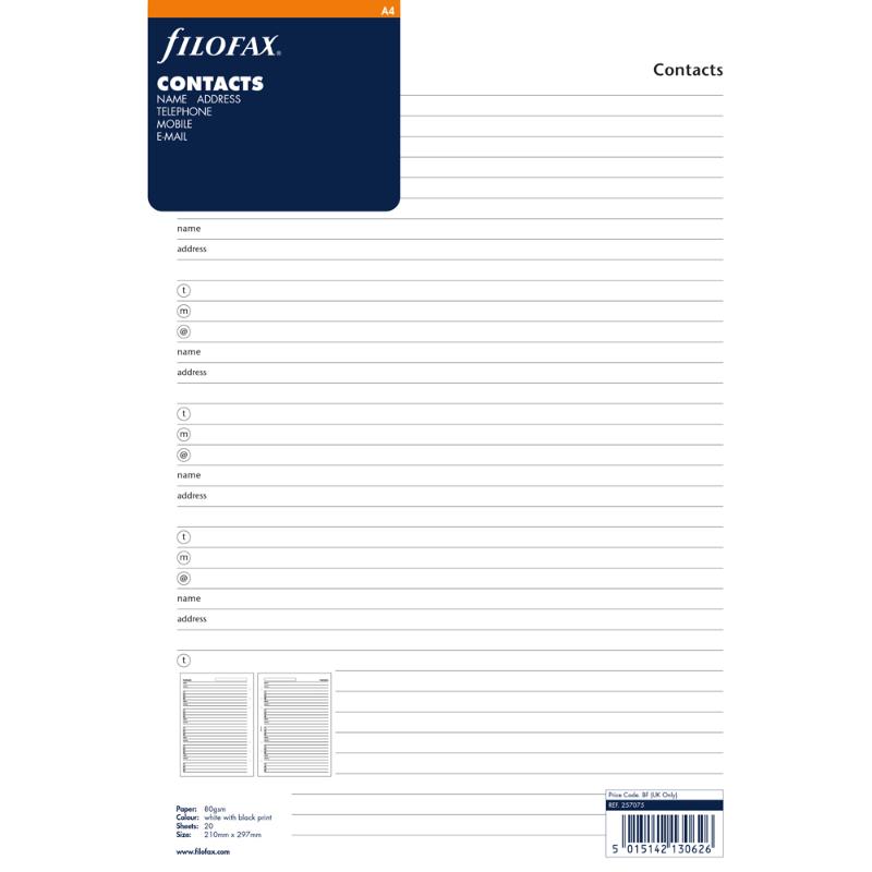 Filofax A4 Name/Address/Phone Refill