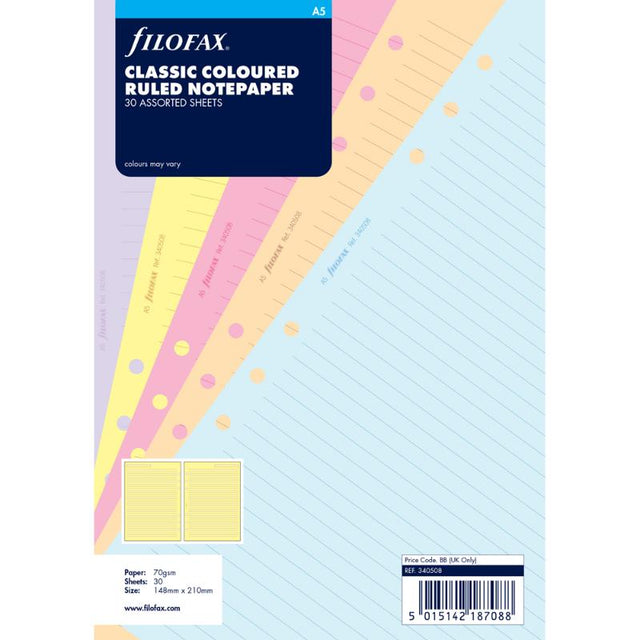 Filofax A5 assorted colour notepaper refill with 30 vibrant ruled sheets for stylish note-taking and organization.