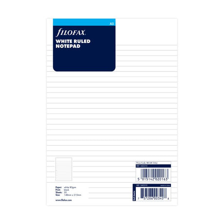 Filofax A5 White Lined Notepad Refill with 50 smooth sheets for organized note-taking and planning.