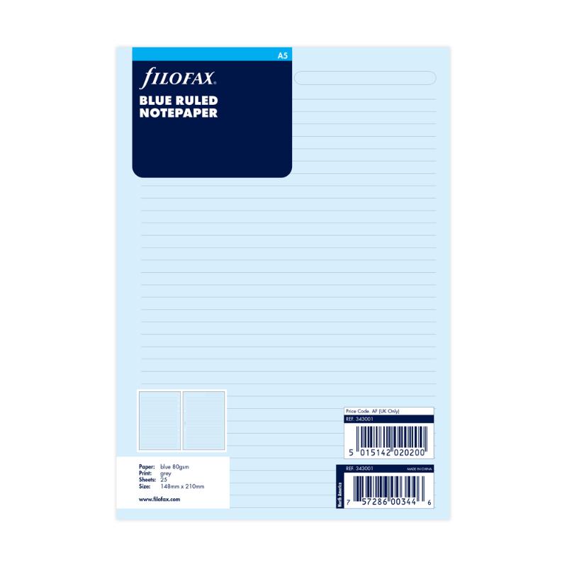 Filofax A5 Blue Lined Notepaper Refill featuring 25 sheets for organized note-taking and smooth writing experience.