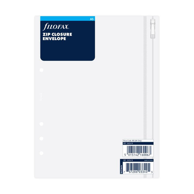 Filofax A5 translucent zip lock envelope for organizing documents, featuring durable design and easy visibility.