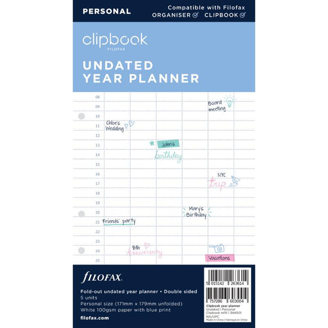 Filofax Clipbook Personal Year Planner Refill, undated fold-out design for flexible yearly organization.