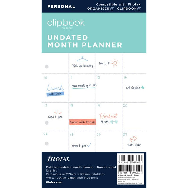 Monthly planner refill for Filofax Clipbook, featuring 25 double-sided sheets, eco-friendly paper, and task tracking.