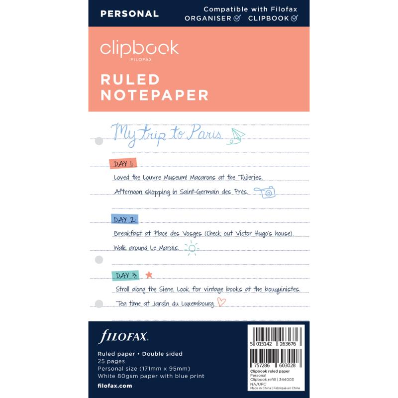 Filofax Clipbook Personal Ruled Paper Refill features 25 double-sided 80gsm sheets made from 80% recycled materials, perfect for organization.