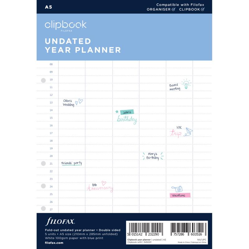 Filofax Undated Clipbook A5 Year Planner Refill