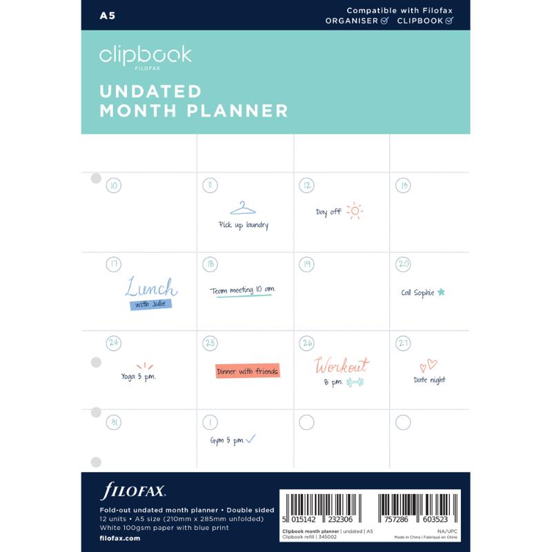 Filofax Undated Clipbook A5 Monthly Planner Refill