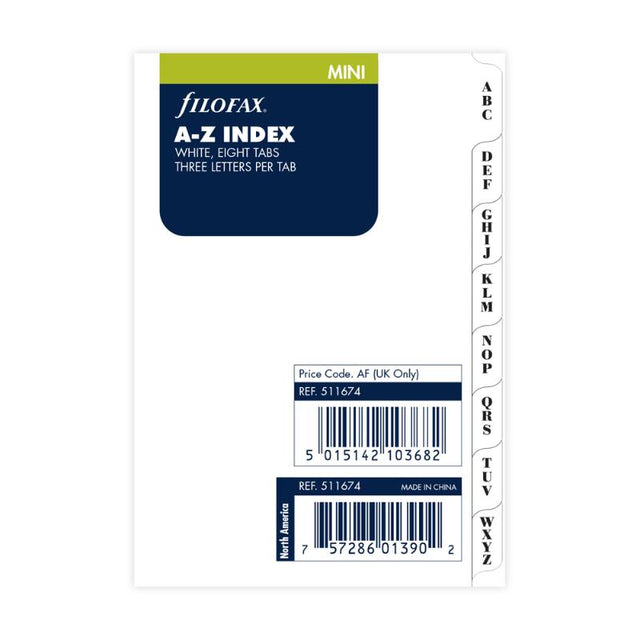 Filofax Mini A-Z Index Tab Set with vibrant, durable dividers for easy organization of notes and contacts in planners.